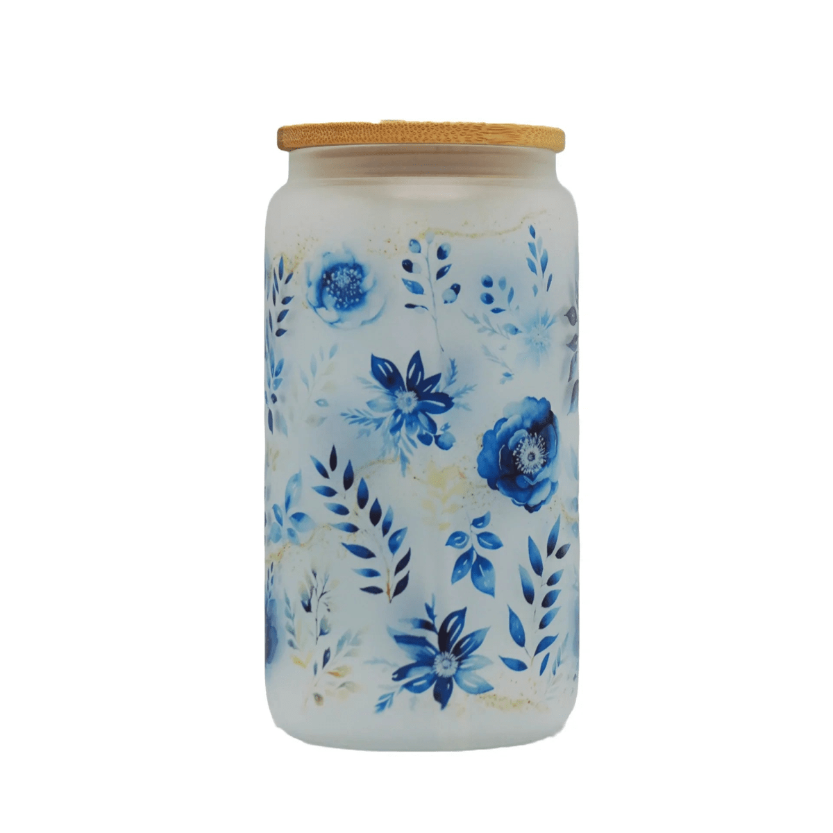 Printed Frosted Glass Can with Lid and Glass Straw