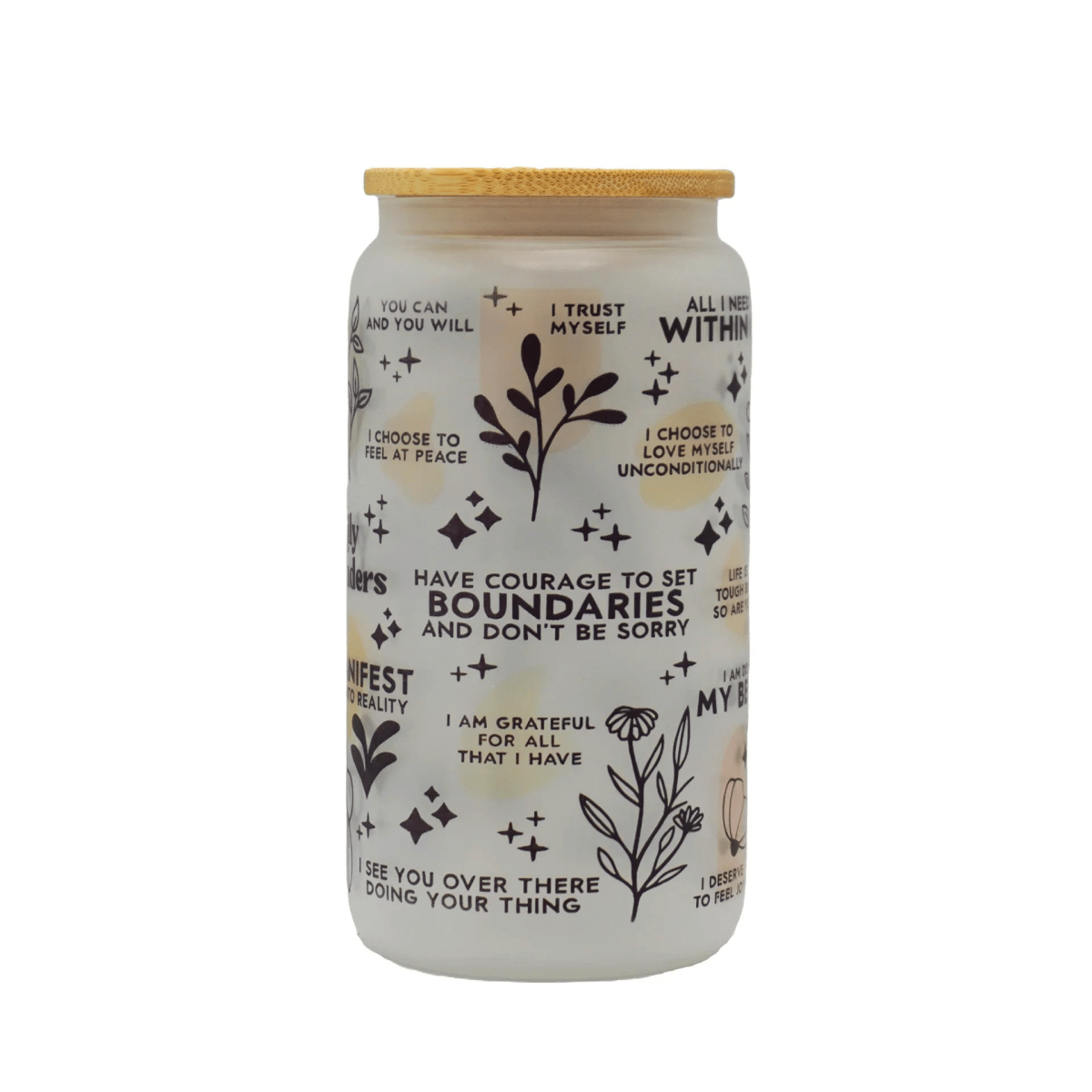 Printed Frosted Glass Can with Lid and Glass Straw