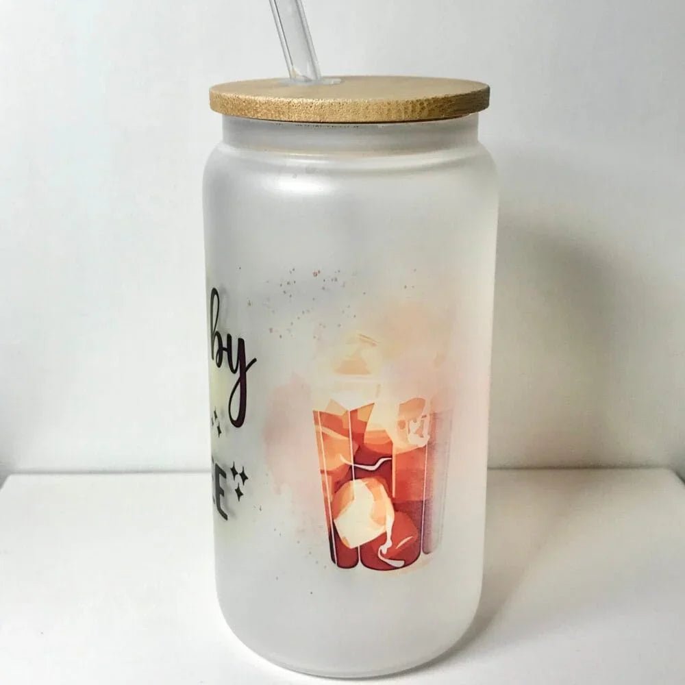 Printed Frosted Glass Can with Lid and Glass Straw