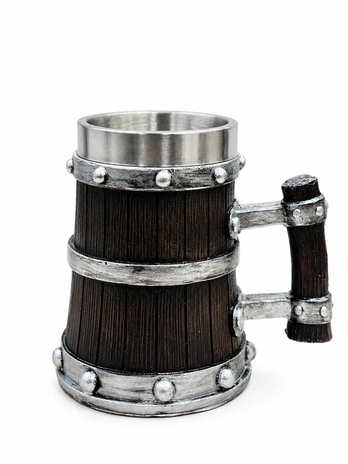 Rustic Viking Beer Mug with Stainless Steel Liner – 500ml Black Wood-Grain Tankard - Lyverro