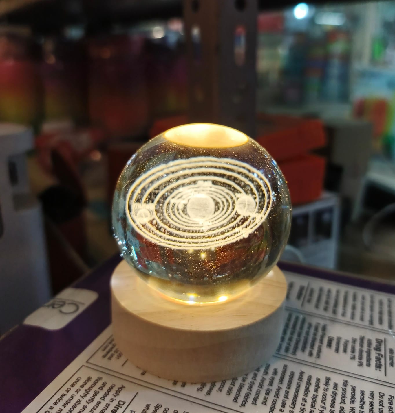 3D Laser Engraved Crystal Ball LED Night Light with Wooden Base - Solar System and Galaxy Design, USB Powered, 6/8 cm Ornament - Lyverro