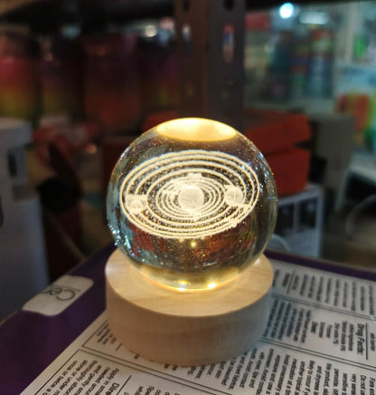 3D Laser Engraved Crystal Ball LED Night Light with Wooden Base - Solar System and Galaxy Design, USB Powered, 6/8 cm Ornament - Lyverro