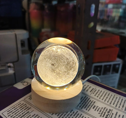 3D Laser Engraved Crystal Ball LED Night Light with Wooden Base - Solar System and Galaxy Design, USB Powered, 6/8 cm Ornament - Lyverro