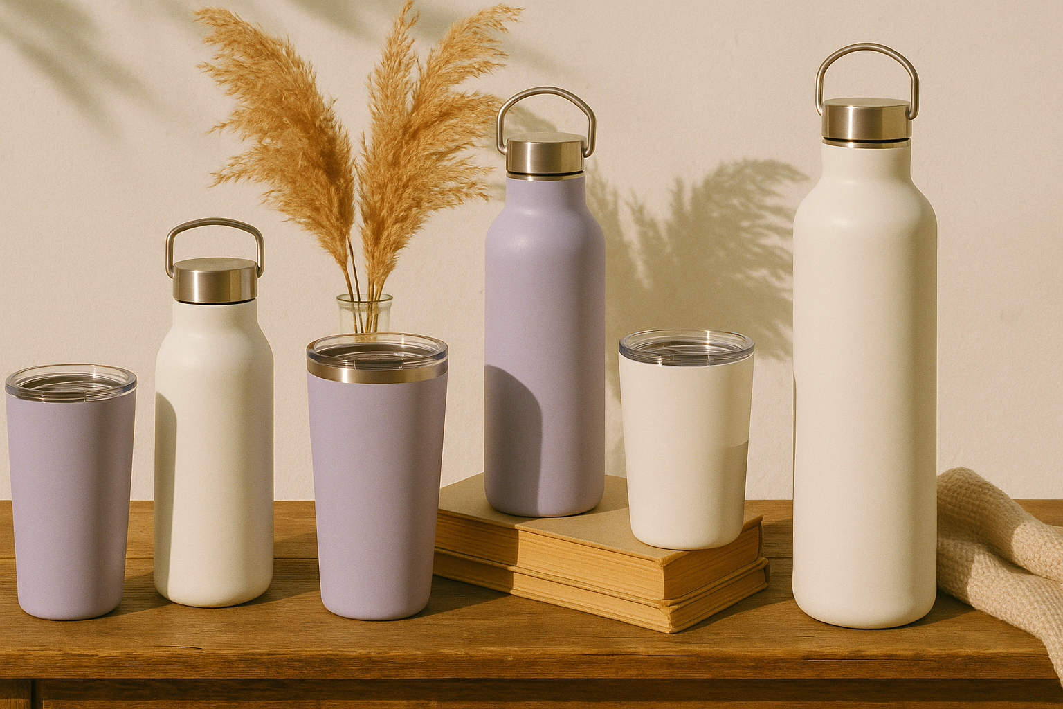 Create a banner for hero section for tumblers and bottles with realistic natural retro theme using this color code C9C3FE , FFFFFF, 15133F and similar colors. Keep the background in light color.