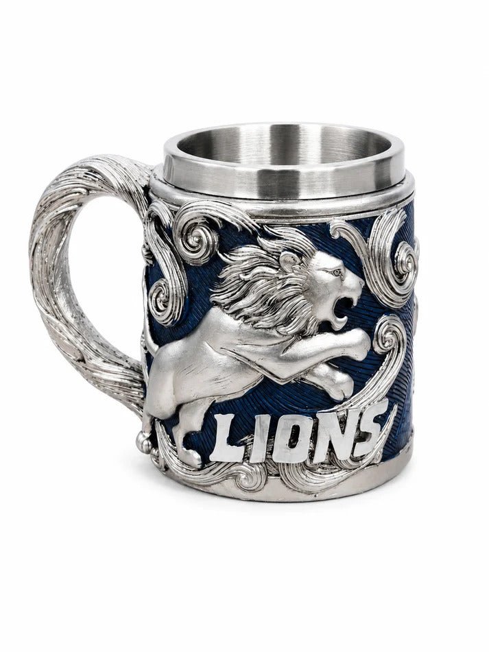 Livenda Lion Embroidered Steel Mug – 400ml 3D Embossed Lion Stainless Steel Tankard - Lyverro