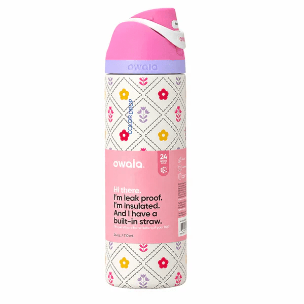 Owala 24oz Insulated Water Bottle – Leak - Proof FreeSip Straw Lid (Floral Pastel Edition) - Lyverro