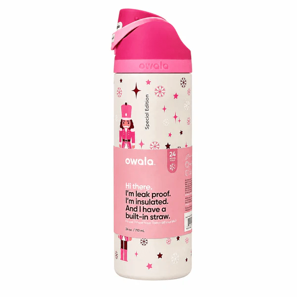 Owala 24oz Insulated Water Bottle – Leak - Proof FreeSip Straw Lid (Special Edition Pink Nutcracker) - Lyverro