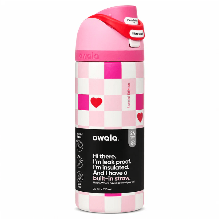 Owala 24oz Pink Checkered Hearts Edition FreeSip Insulated Water Bottle – Special Edition - Lyverro