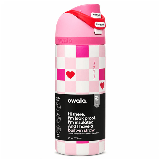 Owala 24oz Pink Checkered Hearts Edition FreeSip Insulated Water Bottle – Special Edition - Lyverro