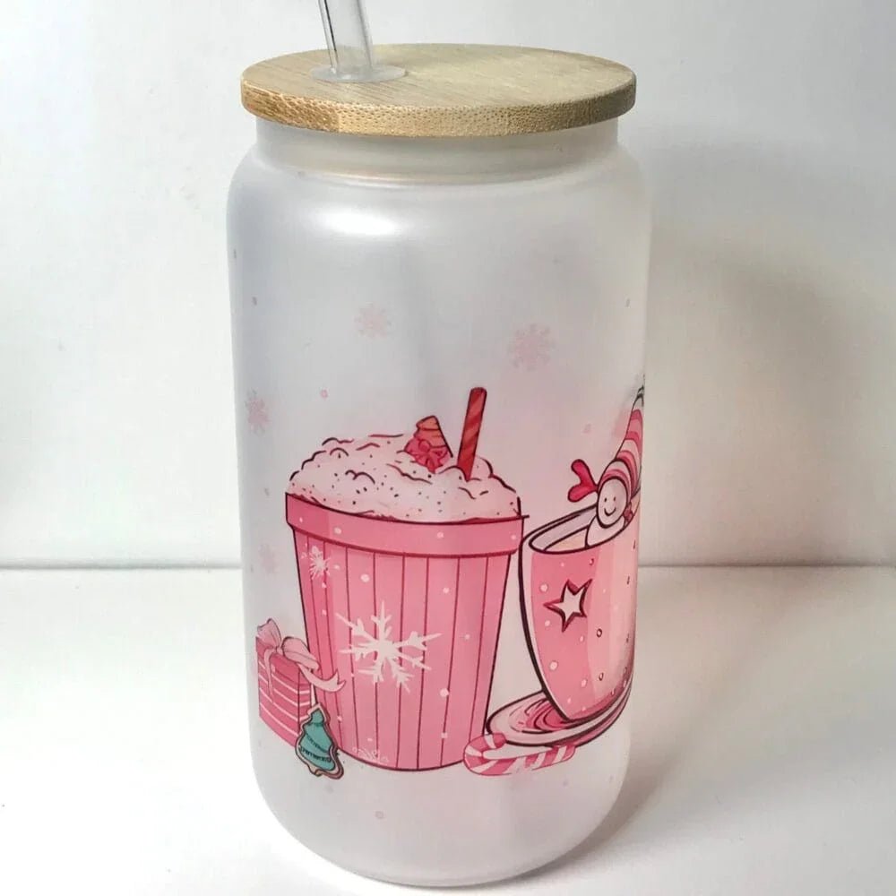 Printed Frosted Glass Can with Lid and Glass Straw