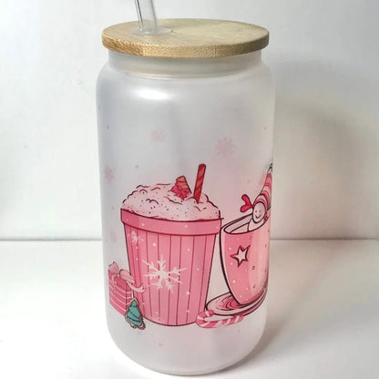 Printed Frosted Glass Can with Lid and Glass Straw