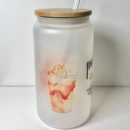 Printed Frosted Glass Can with Lid and Glass Straw
