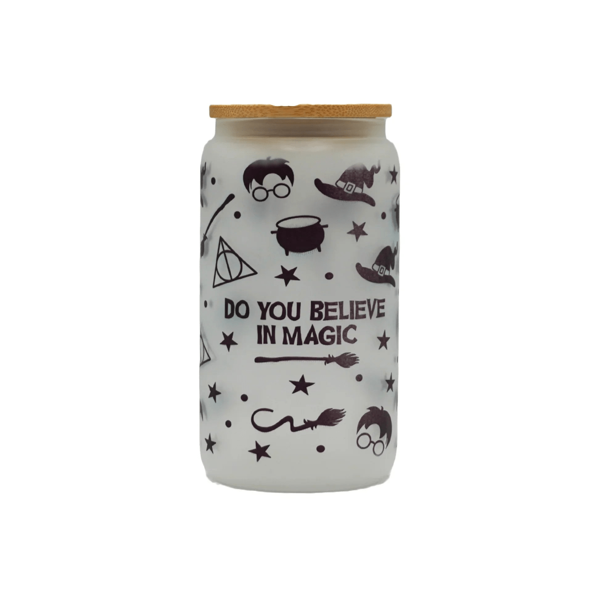 Printed Frosted Glass Can with Lid and Glass Straw