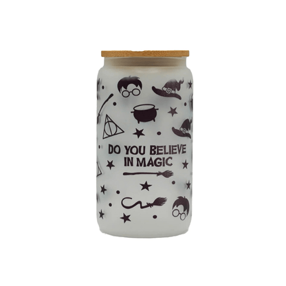 Printed Frosted Glass Can with Lid and Glass Straw