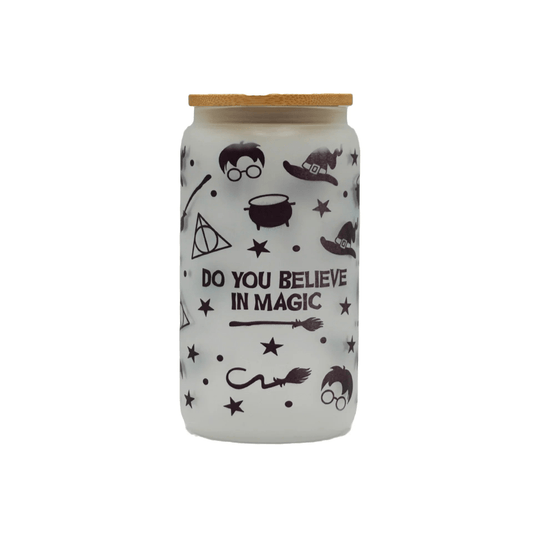 Printed Frosted Glass Can with Lid and Glass Straw