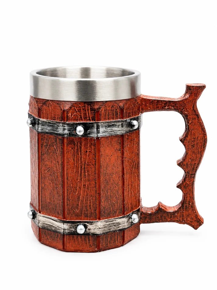 Viking-Style Beer Tankard with Stainless Steel Liner – 450ml Rustic Wood-Grain Mug - Lyverro
